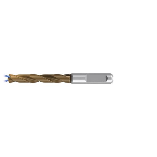Picture of EMUGE TA514524.0970 Carbide Drill Coolant Thru Carbide 140° 0.381 Diameter 0.393 Shank 4.055 OAL 2.402 Flute 2 Flute AlCrN