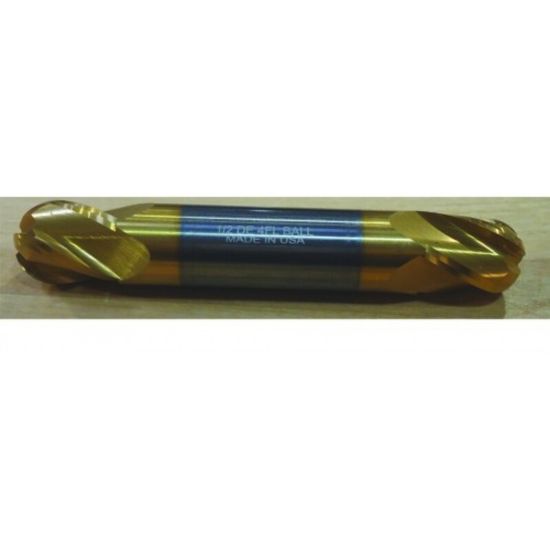 Picture of HTC 199-2093 DIA 3/32 SH 0.1250 LOC 0.1875 OAL 1.50 End Mill Standard Flute Standard Helix Carbide TiN Double End Ball Nose