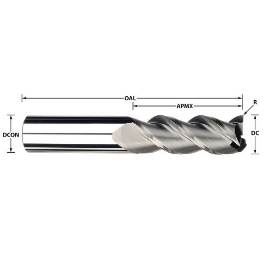 Picture of IMCO 33614 DIA 3/4 SH 0.7500 LOC 1.00 OAL 4.00 End Mill Standard Flute High Helix Carbide Uncoated Single End Corner Radius 0.1250 3.18MM Streaker Mill
