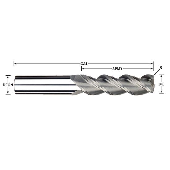 Picture of IMCO 34531 DIA 1/2 SH 0.50 LOC 2.00 OAL 4.00 End Mill Standard Flute High Helix Carbide Uncoated Single End Corner Radius 0.0150 0.38MM Streaker Mill