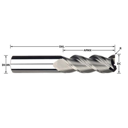 Picture of IMCO 38025 DIA 1/2 SH 0.50 LOC 1.2500 OAL 3.00 End Mill Standard Flute High Helix Carbide Uncoated Single End Corner Radius 0.1250 3.18MM Streaker Mill