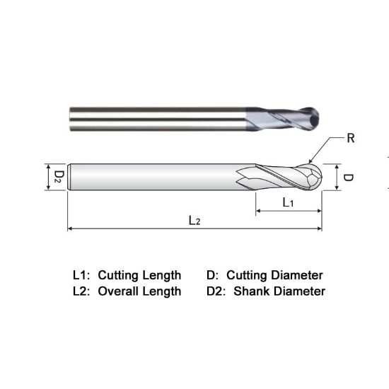 Picture of WIDIN DA302003 DIA 3/32 SH 0.1250 LOC 0.0937 OAL 1.50 End Mill Standard Flute Standard Helix Carbide TiAlN Single End Ball Nose THUNDER
