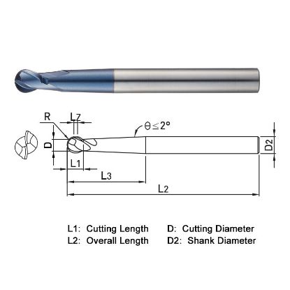 Picture of WIDIN DB532161 DIA 16MM SH 0.6299 LOC 0.4882 OAL 5.9055 End Mill Standard Flute Standard Helix Carbide AlTiN Single End Ball Nose Z-CLASSIC