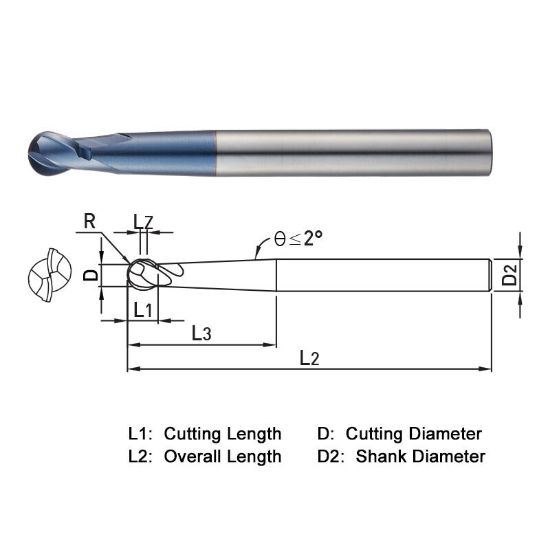 Picture of WIDIN DB532161 DIA 16MM SH 0.6299 LOC 0.4882 OAL 5.9055 End Mill Standard Flute Standard Helix Carbide AlTiN Single End Ball Nose Z-CLASSIC