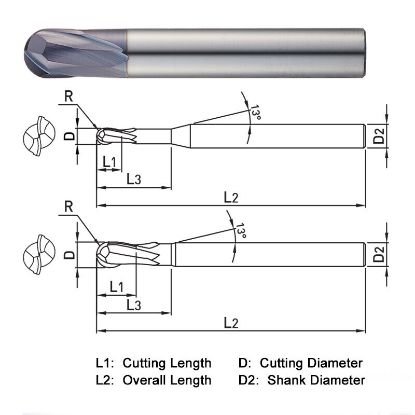 Picture of WIDIN DA412016L DIA 1/2 SH 0.50 LOC 1.00 OAL 6.00 End Mill Standard Flute Standard Helix Carbide AlTiN Single End Ball Nose Z-PLUS