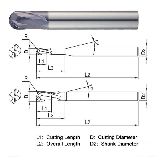 Picture of WIDIN DA412016L DIA 1/2 SH 0.50 LOC 1.00 OAL 6.00 End Mill Standard Flute Standard Helix Carbide AlTiN Single End Ball Nose Z-PLUS