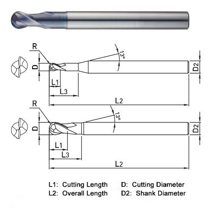 Picture of WIDIN DB502050 DIA 5MM SH 0.2362 LOC 0.2362 OAL 3.1496 End Mill Standard Flute Standard Helix Carbide AlTiN Single End Ball Nose Z-CLASSIC