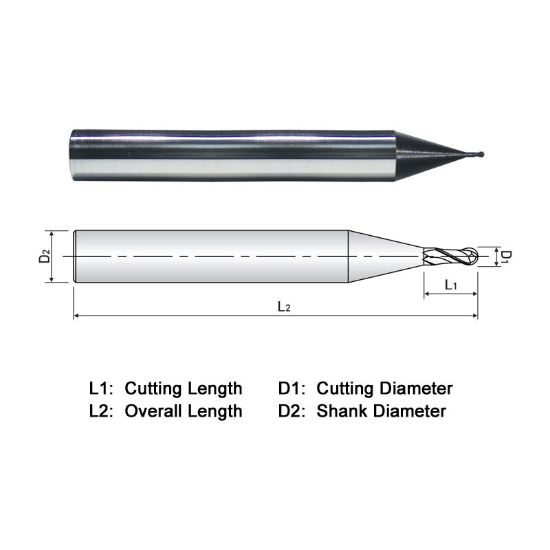 Picture of WIDIN MD502040 DIA 0.04 SH 0.1250 LOC 0.10 OAL 1.50 End Mill Standard Flute Standard Helix Carbide AlTiN Single End Ball Nose Z-CLASSIC