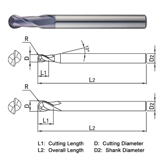 Picture of WIDIN DA512032 DIA 1 SH 1.00 LOC 2.00 OAL 7.1250 End Mill Standard Flute Standard Helix Carbide AlTiN Single End Ball Nose Z-CLASSIC