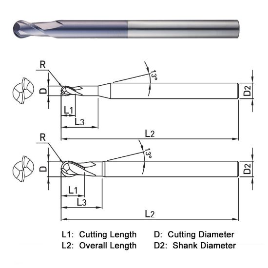 Picture of WIDIN DA522032 DIA 1 SH 1.00 LOC 2.1250 OAL 7.00 End Mill Standard Flute Standard Helix Carbide AlTiN Single End Ball Nose Z-CLASSIC