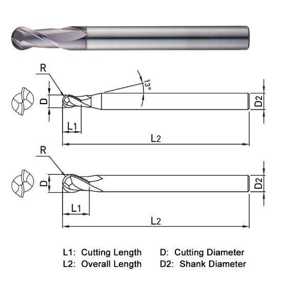 Picture of WIDIN DB312180 DIA 18MM SH 0.7087 LOC 1.3386 OAL 5.5118 End Mill Standard Flute Standard Helix Carbide TiAlN Single End Ball Nose THUNDER