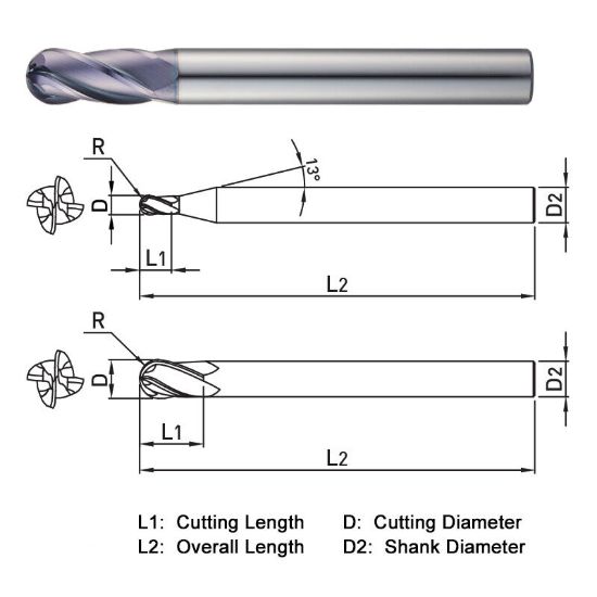 Picture of WIDIN DA514032 DIA 1 SH 1.00 LOC 2.00 OAL 7.1250 End Mill Standard Flute Standard Helix Carbide AlTiN Single End Ball Nose Z-CLASSIC