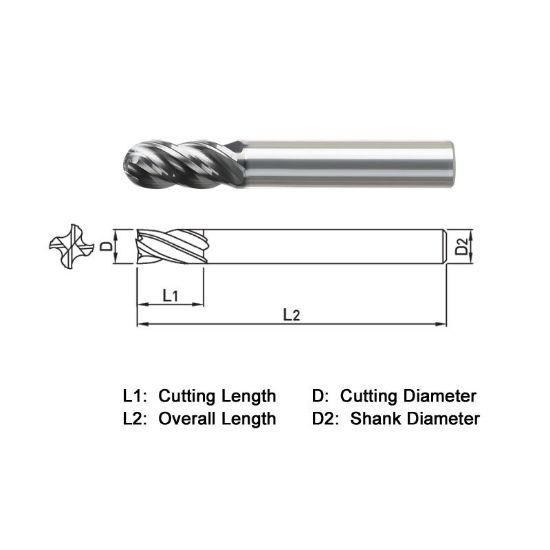 Picture of WIDIN VXB554A064 DIA 1 SH 0.50 LOC 4.2500 OAL 7.00 End Mill Standard Flute Variable Helix Carbide TiAlN Single End Ball Nose VH SERIES