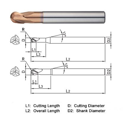 Picture of WIDIN DB703121 DIA 12MM SH 0.4724 LOC 0.4724 OAL 4.3307 End Mill Standard Flute Standard Helix Carbide AlTiN Single End Ball Nose Z-STAR