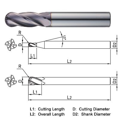 Picture of WIDIN TXB204200 DIA 20MM SH 0.7874 LOC 1.4961 OAL 3.9370 End Mill Standard Flute Standard Helix Carbide TiAlN Single End Ball Nose THUNDER