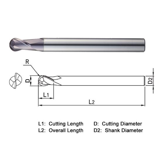 Picture of WIDIN TXB232200 DIA 20MM SH 0.7874 LOC 1.0236 OAL 5.9055 End Mill Standard Flute Standard Helix Carbide TiAlN Single End Ball Nose THUNDER