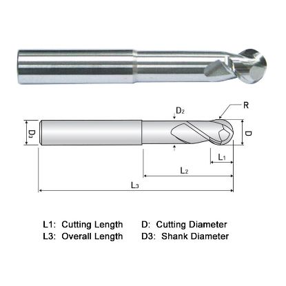 Picture of WIDIN WAB512A016 DIA 1/4 SH 0.2500 LOC 0.2500 OAL 3.00 End Mill Standard Flute High Helix Carbide DLC Single End Ball Nose ALU-WAVE
