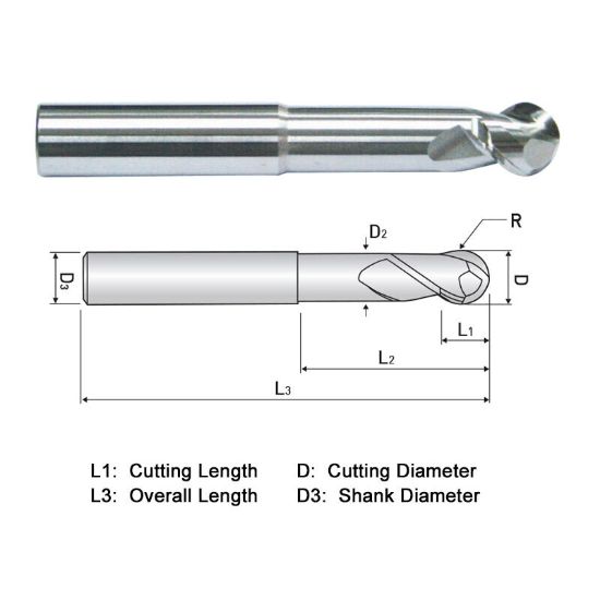 Picture of WIDIN WAB512A016 DIA 1/4 SH 0.2500 LOC 0.2500 OAL 3.00 End Mill Standard Flute High Helix Carbide DLC Single End Ball Nose ALU-WAVE