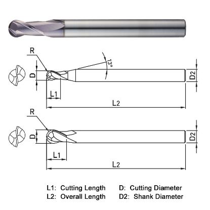 Picture of WIDIN DB312140 DIA 14MM SH 0.5512 LOC 1.0236 OAL 4.3307 End Mill Standard Flute Standard Helix Carbide TiAlN Single End Ball Nose THUNDER