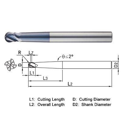 Picture of WIDIN DB534160 DIA 16MM SH 0.6299 LOC 0.5906 OAL 5.9055 End Mill Standard Flute Standard Helix Carbide AlTiN Single End Ball Nose Z-CLASSIC