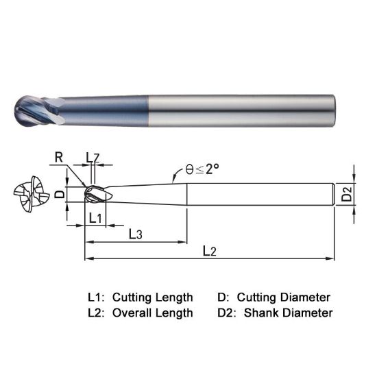 Picture of WIDIN DB534160 DIA 16MM SH 0.6299 LOC 0.5906 OAL 5.9055 End Mill Standard Flute Standard Helix Carbide AlTiN Single End Ball Nose Z-CLASSIC