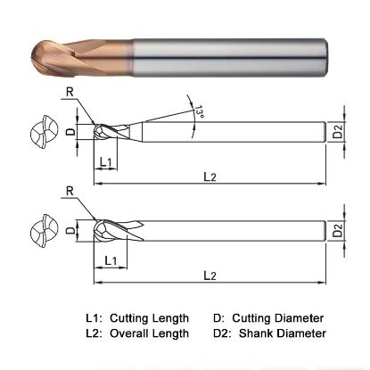 Picture of WIDIN DB712120 DIA 12MM SH 0.4724 LOC 0.8661 OAL 4.3307 End Mill Standard Flute Standard Helix Carbide AlTiN Single End Ball Nose Z-STAR