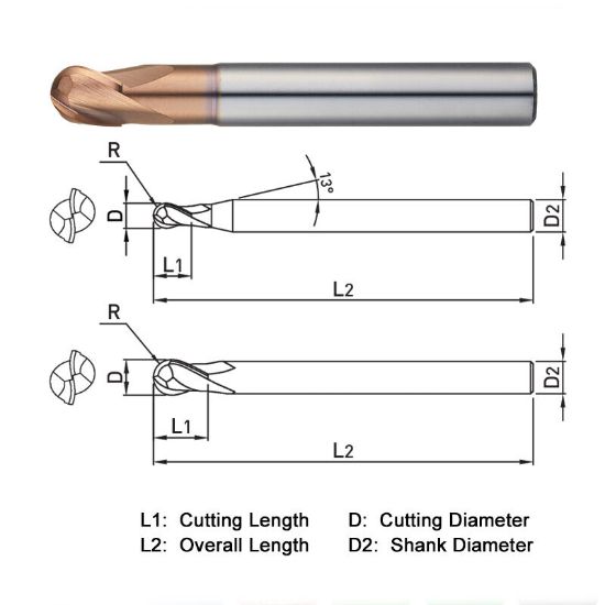 Picture of WIDIN DB712120 DIA 12MM SH 0.4724 LOC 0.8661 OAL 4.3307 End Mill Standard Flute Standard Helix Carbide AlTiN Single End Ball Nose Z-STAR