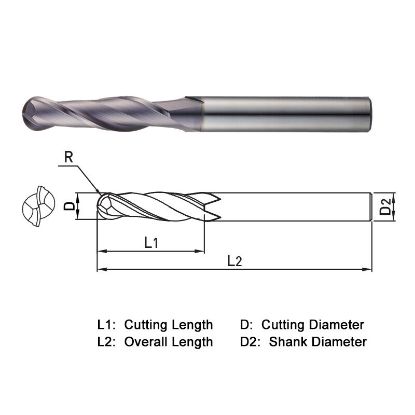 Picture of WIDIN TXB222180 DIA 18MM SH 0.7087 LOC 1.7717 OAL 3.9370 End Mill Standard Flute Standard Helix Carbide TiAlN Single End Ball Nose THUNDER