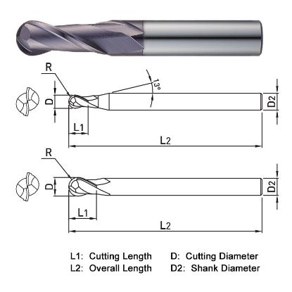 Picture of WIDIN TXB202200 DIA 20MM SH 0.7874 LOC 1.4961 OAL 3.9370 End Mill Standard Flute Standard Helix Carbide TiAlN Single End Ball Nose THUNDER