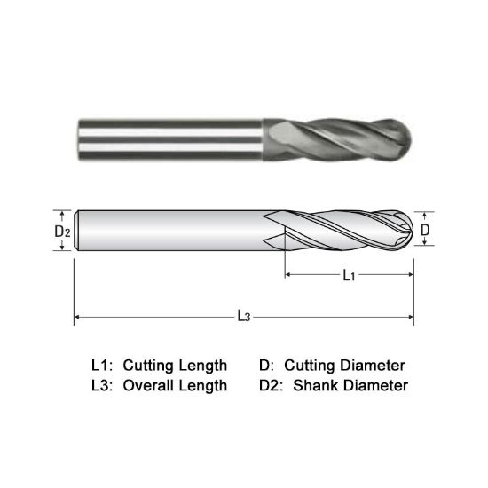 Picture of WIDIN WGB504A0.062-3SP DIA 0.062 SH 0.1250 LOC 0.50 OAL 3.00 End Mill Standard Flute Standard Helix Carbide Diamond Single End Ball Nose Z-GRA-MATE