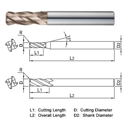 Picture of WIDIN WR50420010 DIA 20MM SH 0.7874 LOC 1.4961 OAL 5.9055 End Mill Standard Flute Standard Helix Carbide AlTiN Single End Corner Radius 0.0394 1.00MM WINNER