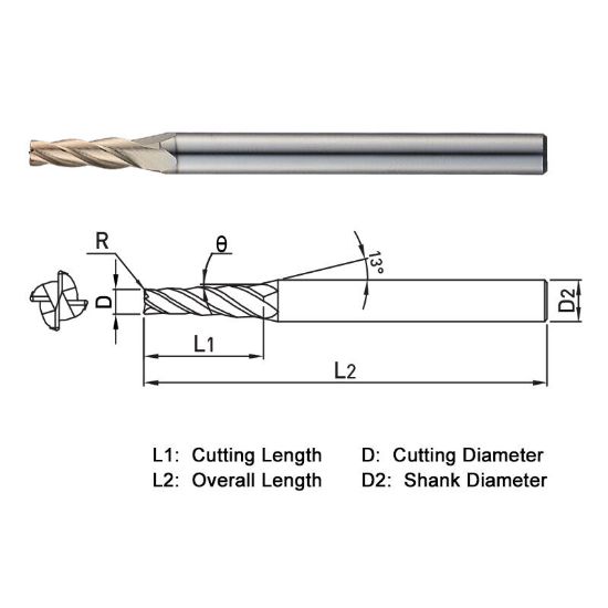 Picture of WIDIN WTR504020010310 DIA 2MM SH 0.1575 LOC 0.3937 OAL 1.9685 End Mill Taper Flute Carbide AlTiN Single End Corner Radius 0.0039 0.10MM WINNER