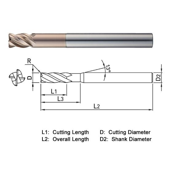 Picture of WIDIN WR5120601090 DIA 6MM SH 0.2362 LOC 0.3543 OAL 3.5433 End Mill Standard Flute Standard Helix Carbide AlTiN Single End Corner Radius 0.0394 1.00MM WINNER