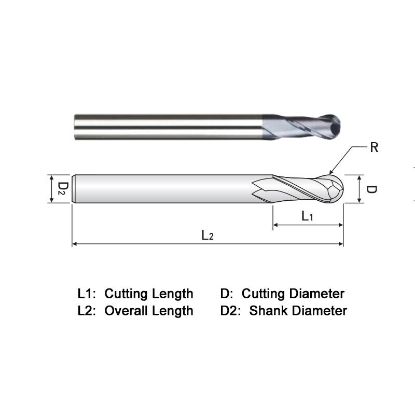 Picture of WIDIN DA302004 DIA 1/8 SH 0.1250 LOC 0.3125 OAL 1.50 End Mill Standard Flute Standard Helix Carbide TiAlN Single End Ball Nose THUNDER