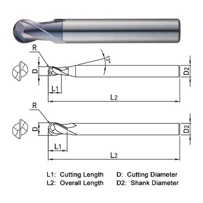 Picture of WIDIN DB402012 DIA 1.20MM SH 0.1575 LOC 0.1181 OAL 1.496 End Mill Standard Flute Standard Helix Carbide AlTiN Single End Ball Nose Z-CLASSIC