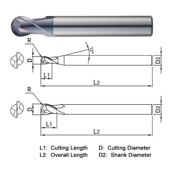 Picture of WIDIN DB402012 DIA 1.20MM SH 0.1575 LOC 0.1181 OAL 1.496 End Mill Standard Flute Standard Helix Carbide AlTiN Single End Ball Nose Z-CLASSIC