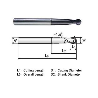 Picture of WIDIN WB7122006 DIA 2MM SH 0.1575 LOC 0.0787 OAL 1.7717 End Mill Standard Flute Standard Helix Carbide AlTiN Single End Ball Nose Z-CLASSIC