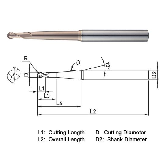 Picture of WIDIN WB54210030100 DIA 10MM SH 0.7874 LOC 0.7087 OAL 7.8740 End Mill Standard Flute Standard Helix Carbide AlTiN Single End Ball Nose WINNER