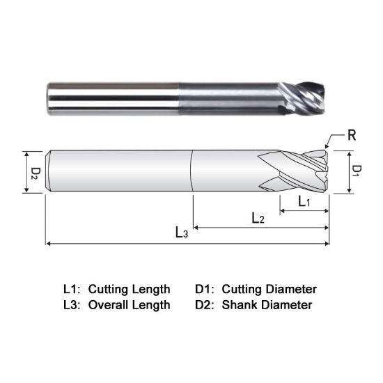 Picture of WIDIN XR525A064045 DIA 1 SH 1.00 LOC 2.2500 OAL 5.00 End Mill Standard Flute Variable Helix Carbide TiAlN Single End Corner Radius 0.0450 1.14MM X-STAR