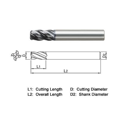 Picture of WIDIN VXR554A064125 DIA 1 SH 0.50 LOC 4.2500 OAL 7.00 End Mill Standard Flute Variable Helix Carbide TiAlN Single End Corner Radius 0.1250 3.18MM VH SERIES