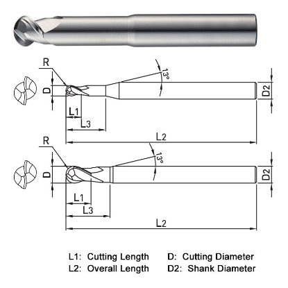 Picture of WIDIN WAB312200 DIA 20MM SH 0.7874 LOC 0.6693 OAL 3.9370 End Mill Standard Flute High Helix Carbide Uncoated Single End Ball Nose ALU-WAVE