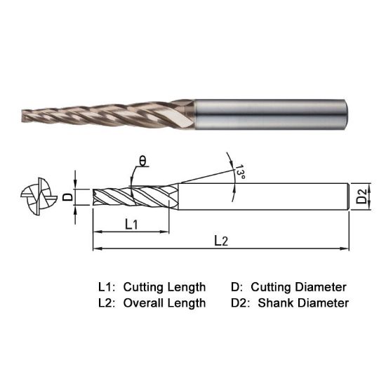 Picture of WIDIN WTE51402503030 DIA 2.50MM SH 0.2362 LOC 1.1811 OAL 2.362 End Mill Taper Flute Carbide AlTiN Single End Square Sharp WINNER