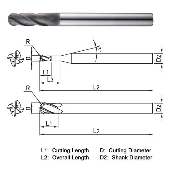Picture of WIDIN WGB504200200 DIA 20MM SH 0.7874 LOC 2.3622 OAL 7.8740 End Mill Standard Flute Standard Helix Carbide Diamond Single End Ball Nose Z-GRA-MATE