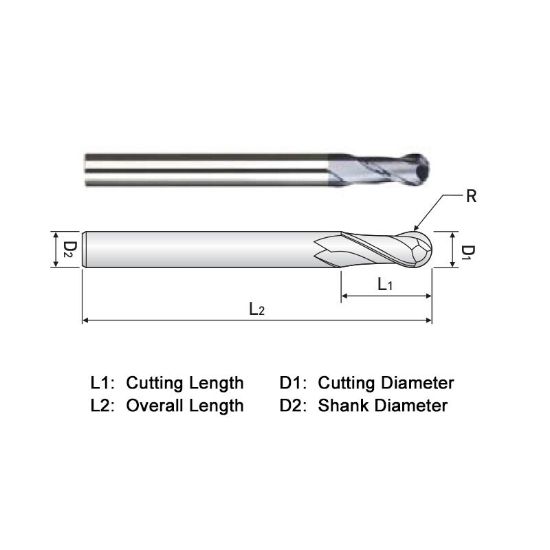 Picture of WIDIN ZB302006 DIA 3/32 SH 0.1250 LOC 0.3125 OAL 1.50 End Mill Standard Flute Standard Helix Carbide AlTiN Single End Ball Nose General Purpose