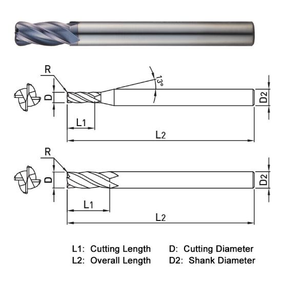 Picture of WIDIN ZR5240302 DIA 3MM SH 0.2362 LOC 0.3150 OAL 2.3622 End Mill Standard Flute Standard Helix Carbide AlTiN Single End Corner Radius 0.0079 0.20MM Z-CLASSIC