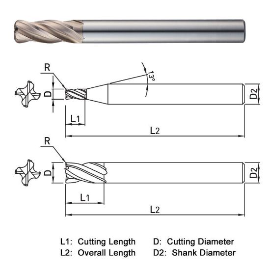 Picture of WIDIN WXR50420020 DIA 20MM SH 0.7874 LOC 1.4961 OAL 5.9055 End Mill Standard Flute Variable Helix Carbide AlTiN Single End Corner Radius 0.0787 2.00MM WINNER