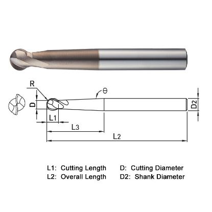 Picture of WIDIN WB532120 DIA 12MM SH 0.4724 LOC 0.3740 OAL 3.9370 End Mill Standard Flute Standard Helix Carbide AlTiN Single End Ball Nose WINNER