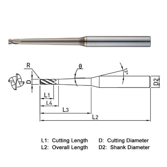 Picture of WIDIN WR542008010108 DIA 0.80MM SH 0.1575 LOC 0.0472 OAL 1.968 End Mill Standard Flute Standard Helix Carbide AlTiN Single End Corner Radius 0.0039 0.10MM WINNER