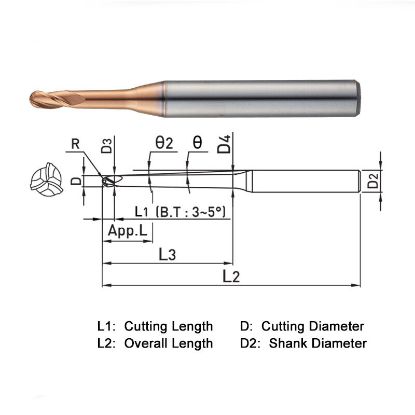 Picture of WIDIN ZSTNB3020-70-09 DIA 2MM SH 0.2362 LOC 0.0669 OAL 4.3307 End Mill Standard Flute Standard Helix Carbide AlTiN Single End Ball Nose Z-STAR