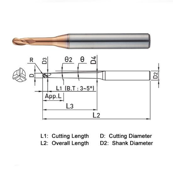 Picture of WIDIN ZSTNB3020-70-09 DIA 2MM SH 0.2362 LOC 0.0669 OAL 4.3307 End Mill Standard Flute Standard Helix Carbide AlTiN Single End Ball Nose Z-STAR